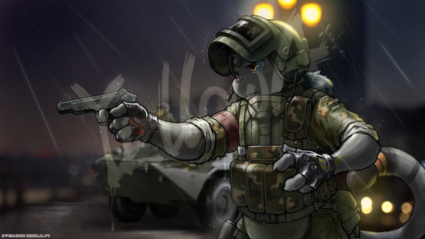 altyn_helmet anthro apc armor camo clothing detailed_background fingerless_gloves gloves gun handgun handwear headgear helmet male military pistol pouches raining ranged_weapon solo vehicle weapon him_army felid feline mammal distracting_watermark hi_res watermark