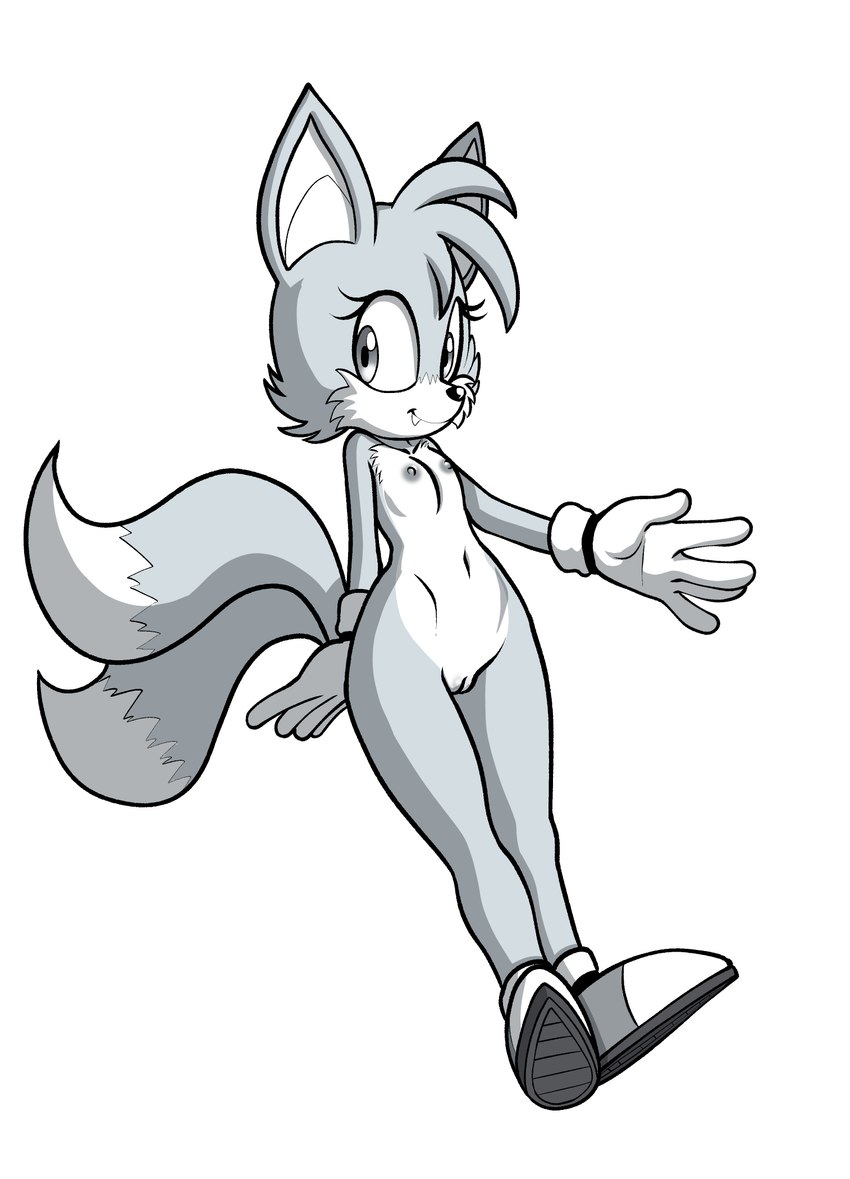 anthro breasts clothing crossgender female footwear footwear_only genitals gloves handwear mostly_nude pussy shoes shoes_only small_breasts solo wide_hips fourssss sega sonic_the_hedgehog_(series) miles_prower canid canine fox mammal 2024 greyscale hi_res line_art monochrome