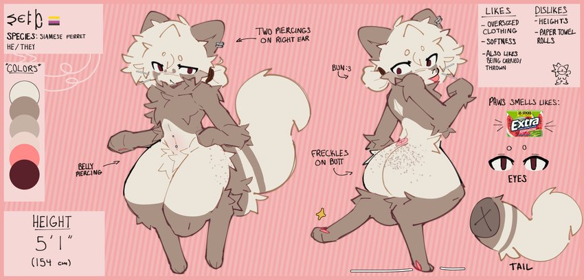 :< belly_blush big_butt big_eyes blep blush body_blush brown_body brown_fur butt casual_nudity chest_tuft closed_frown color_swatch crotch_tuft digitigrade directional_arrow ear_piercing ear_ring eyebrow_through_hair eyebrows featureless_chest feet femboy fingers freckled_butt freckles fur hair height knee_tuft leg_tuft lgbt_pride looking_at_viewer looking_back male mouth_closed multicolored_body multicolored_fur navel navel_piercing nonbinary_pride_colors nude pattern_background pawpads piercing pink_background pink_pawpads pink_tongue ponytail pride_color_flag pride_colors pronouns ring_piercing simple_background solo sparkles striped_background tail text thick_thighs toes tongue tongue_out translucent translucent_hair tuft two_tone_body two_tone_fur white_body white_fur white_hair wide_hips flshtwo extra_(gum) seth_(flshtwo) domestic_cat domestic_ferret felid feline felis hybrid mammal mustelid musteline siamese true_musteline weasel 2024 absurd_res character_name digital_media_(artwork) english_text hi_res mixed_media model_sheet multiple_images photography_(artwork) nonbinary_(lore)