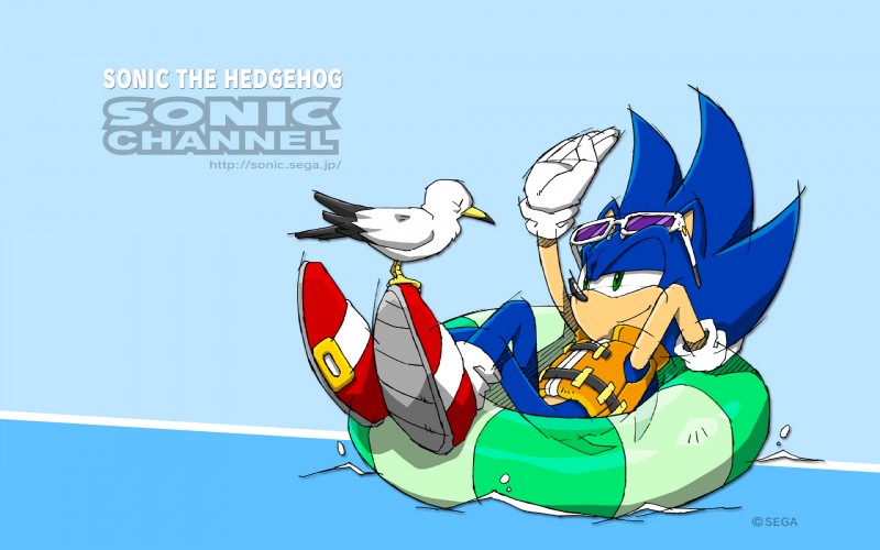 ambiguous_gender anthro blue_background blue_body eyewear green_eyes inflatable life_jacket male pool_toy simple_background solo sunglasses swim_ring water yuji_uekawa sega sonic_channel sonic_the_hedgehog_(series) sonic_the_hedgehog avian bird eulipotyphlan gull hedgehog lari larid mammal 16:10 hi_res official_art wallpaper widescreen