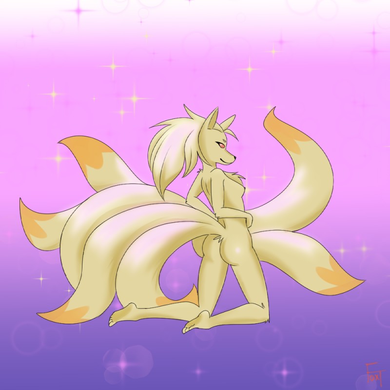 anthro anthrofied breasts butt feet female fur hair long_hair looking_back multi_tail pokemorph pose red_eyes smile solo tail foxtrap nintendo pokemon canid canine generation_1_pokemon mammal ninetales pokemon_(species) 1:1