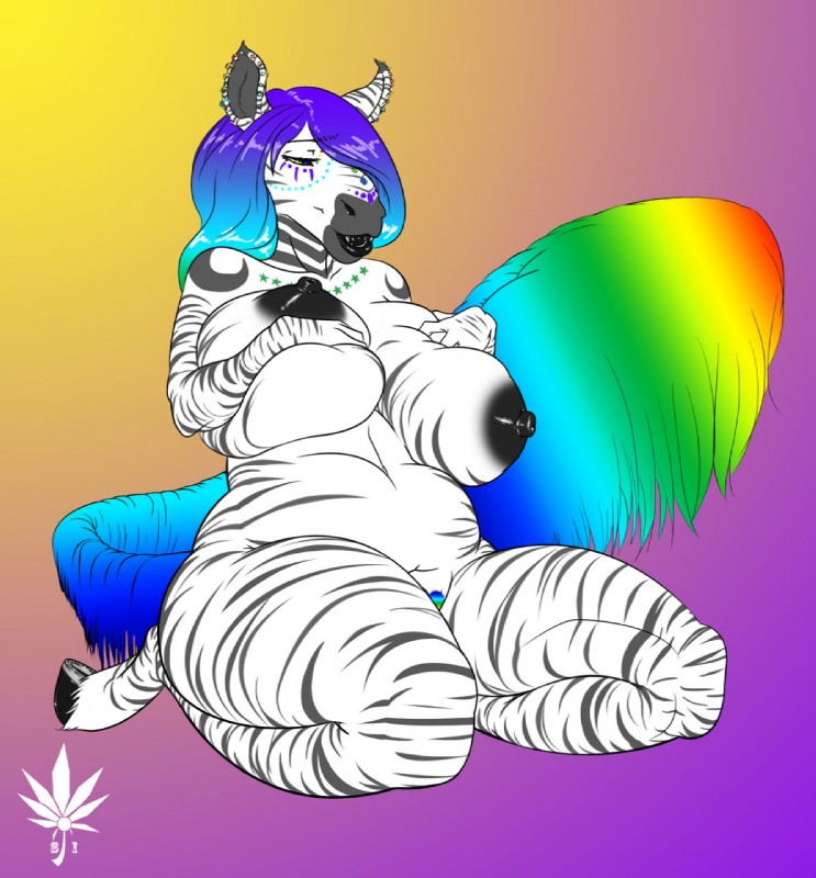 anthro big_breasts biped black_body black_fur black_nipples blue_eyes breasts ear_piercing facial_markings female fluffy fluffy_tail fur hair head_markings hooves huge_breasts kneeling lips long_hair markings multicolored_hair navel nipples nude open_mouth overweight overweight_anthro overweight_female piercing pubes rainbow_hair smile solo stripes tail white_body white_fur sickyicky anailaigh canid canine canis equid equine hybrid mammal wolf zebra 2011 hi_res