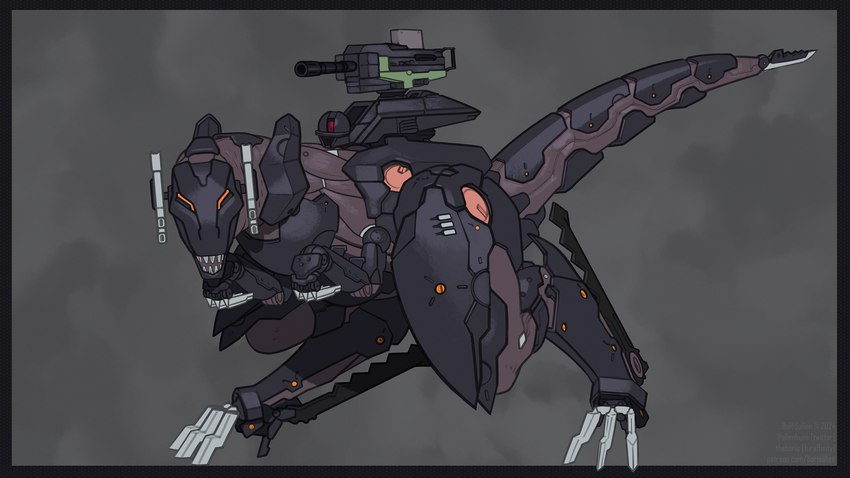 biped digitigrade feral gun knife looking_at_viewer machine ranged_weapon simple_background solo tail thick_thighs weapon weapon_tail borisalien konami metal_gear metal_gear_rising:_revengeance platinumgames raptor_(metal_gear) dinosaur dromaeosaurid prehistoric_species reptile robot scalie theropod hi_res