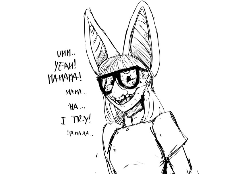 anthro bodily_fluids dialogue eyewear female glasses nervous nervous_laugh solo sweat text hladilnik buffy_(hladilnik) bat leaf-nosed_bat mammal microbat vampire_bat yangochiropteran 2023 black_and_white comic english_text hi_res monochrome