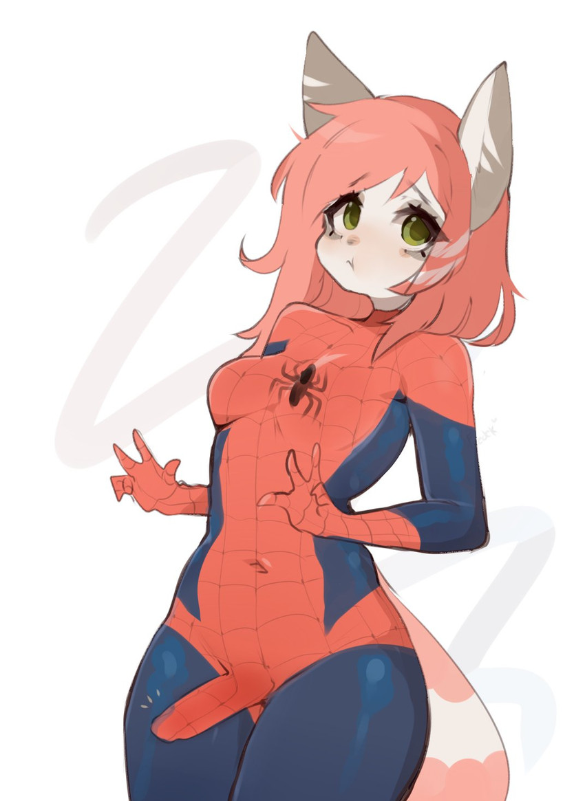 anthro blush breasts bulge clothed clothing genitals green_eyes gynomorph intersex penis solo fredek666 marvel spider-man_(series) rikki canid canine canis hybrid mammal procyonid raccoon wolf digital_media_(artwork) hi_res shaded