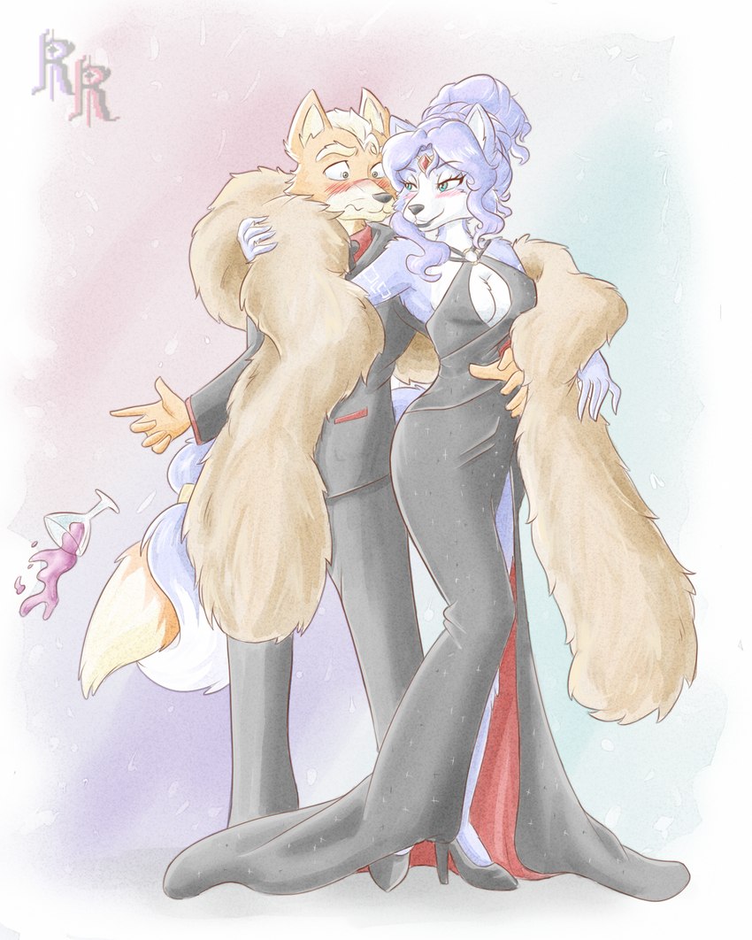 anthro black_tie_(suit) blonde_hair blue_body blue_fur blue_hair blush breasts clothed clothing container cup dress drinking_glass duo female flirting flustered fur fur_scarf glass glass_container glass_cup hair male male/female seductive suit white_body white_fur wine_glass yellow_body yellow_fur gomerz22 nintendo star_fox fox_mccloud krystal_(star_fox) canid canine canis fox mammal hi_res