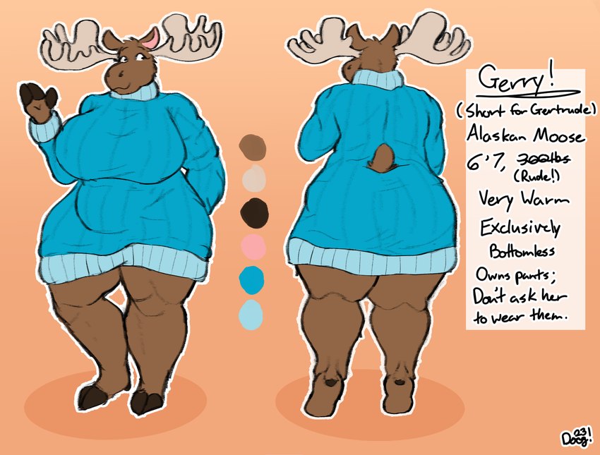 3_fingers anthro antlers big_breasts black_claws blue_clothing blue_sweater blue_topwear bottomless breasts brown_body brown_fur caption claws closed_smile clothed clothing dewclaw_hooves female fingers front_view fur furgonomics gradient_background hand_behind_back hooves horn huge_breasts huge_thighs information looking_aside mouth_closed multiple_poses orange_background pose raised_arm raised_hand rear_view scut_tail short_tail simple_background slightly_chubby slightly_chubby_anthro slightly_chubby_female smile solo standing sweater tail text thick_thighs topwear unguligrade mcdoogiy gerry_(mcdoogiy) deer mammal moose new_world_deer 2023 colored_sketch digital_drawing_(artwork) digital_media_(artwork) english_text flat_colors full-length_portrait hi_res model_sheet portrait signature sketch