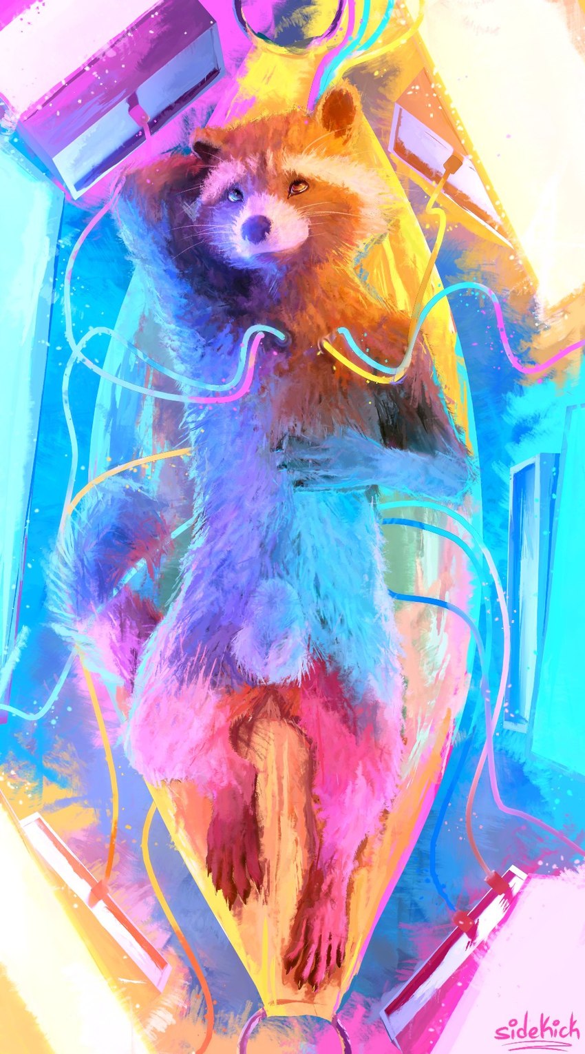 5_fingers 5_toes animal_genitalia anthro balls calm feet fingers fully_sheathed fur genitals high-angle_view lying male nude on_back sheath solo toes wire sidekick guardians_of_the_galaxy marvel rocket_raccoon mammal procyonid raccoon colorful_theme hi_res