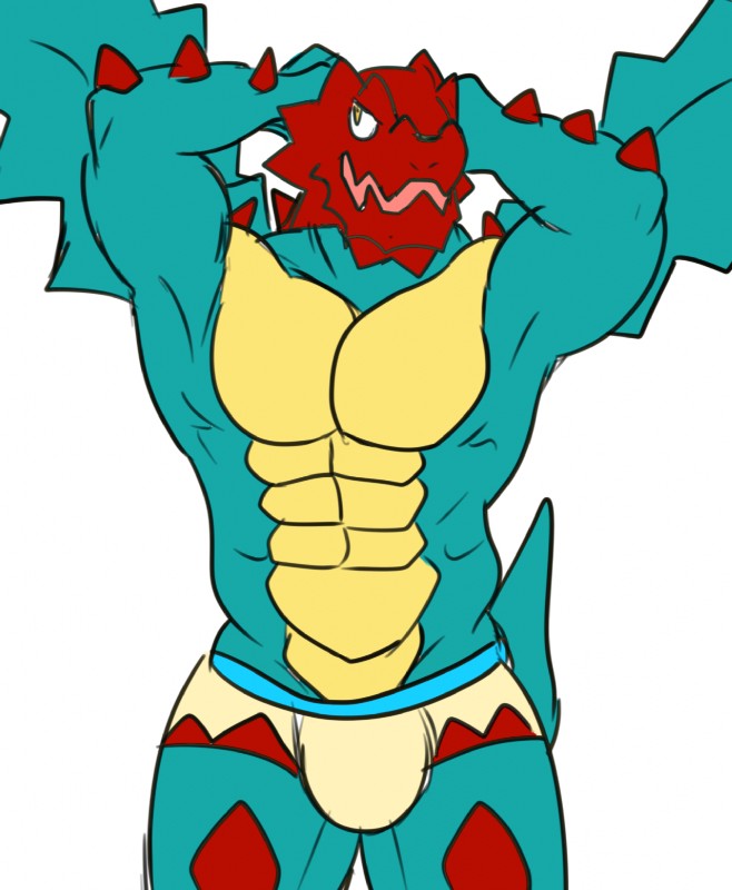 abs anthro biceps briefs bulge clothing flexing looking_at_viewer male muscular muscular_anthro muscular_male open_mouth pecs pokemorph pose simple_background solo spikes underwear white_background wings thewildwolfy mythology nintendo pokemon dragon druddigon generation_5_pokemon mythological_creature mythological_scalie pokemon_(species) reptile scalie hi_res unavailable_at_source