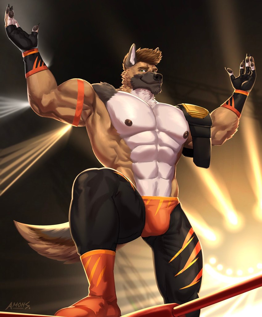 5_fingers abs anthro armwear bent_legs biceps black_nose bottomwear brown_body brown_fur brown_hair claws clothing fighting_ring finger_claws fingers footwear fur gloves green_eyes grin hair handwear lights looking_at_viewer male multicolored_body multicolored_fur multicolored_tail muscular muscular_anthro muscular_male nipples orange_clothing pecs pose raised_arms raised_leg serratus smile solo spiky_hair standing tail tan_body tan_fur triceps tuft white_body white_chest white_fur winner wrestling wrestling_belt yellow_eyes amon-sydonai canid canine canis mammal wolf digital_media_(artwork) hi_res watermark