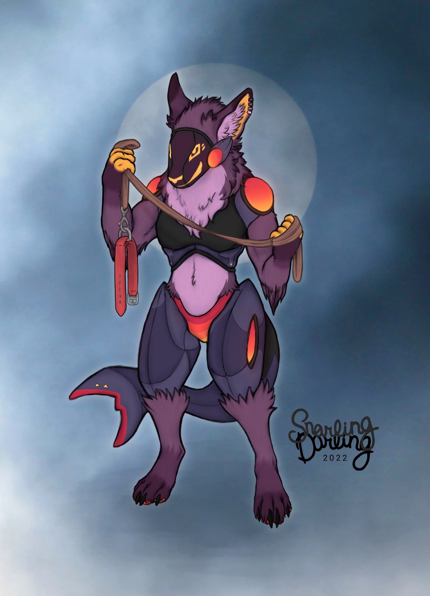 anthro bdsm bondage bound claws collar dominant fur glowing leash looking_at_viewer machine male mechanical_tail orange_pawpads pawpads paws piercing pink_body pink_fur protogen_visor purple_body purple_fur shark_tail smile smirk solo snarling_darling biscus protogen hi_res