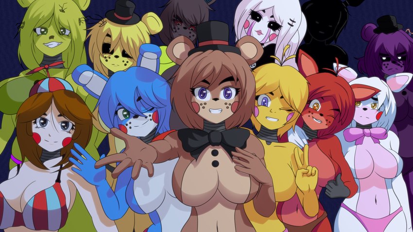 anthro big_breasts bikini bikini_bottom bikini_top bow_tie breasts clothing female floppy_ears group lingerie looking_at_viewer machine navel panties smile smiling_at_viewer stripper_clothes swimwear two-piece_swimsuit underwear raito_yag five_nights_at_freddy's five_nights_at_freddy's_2 five_nights_at_freddy's_3 five_nights_in_anime scottgames balloon_babe balloon_boy_(fnaf) bonnie_(fnaf) chica_(fnaf) foxy_(fnaf) freddy_(fnaf) golden_freddy_(fnaf) mangle_(fnaf) marionette_(fnaf) shadow_bonnie_(fnaf) shadow_freddy_(fnaf) springtrap_(fnaf) animatronic avian bear bird canid canine chicken fox galliform gallus_(genus) humanoid lagomorph leporid mammal phasianid rabbit robot 16:9 hi_res widescreen