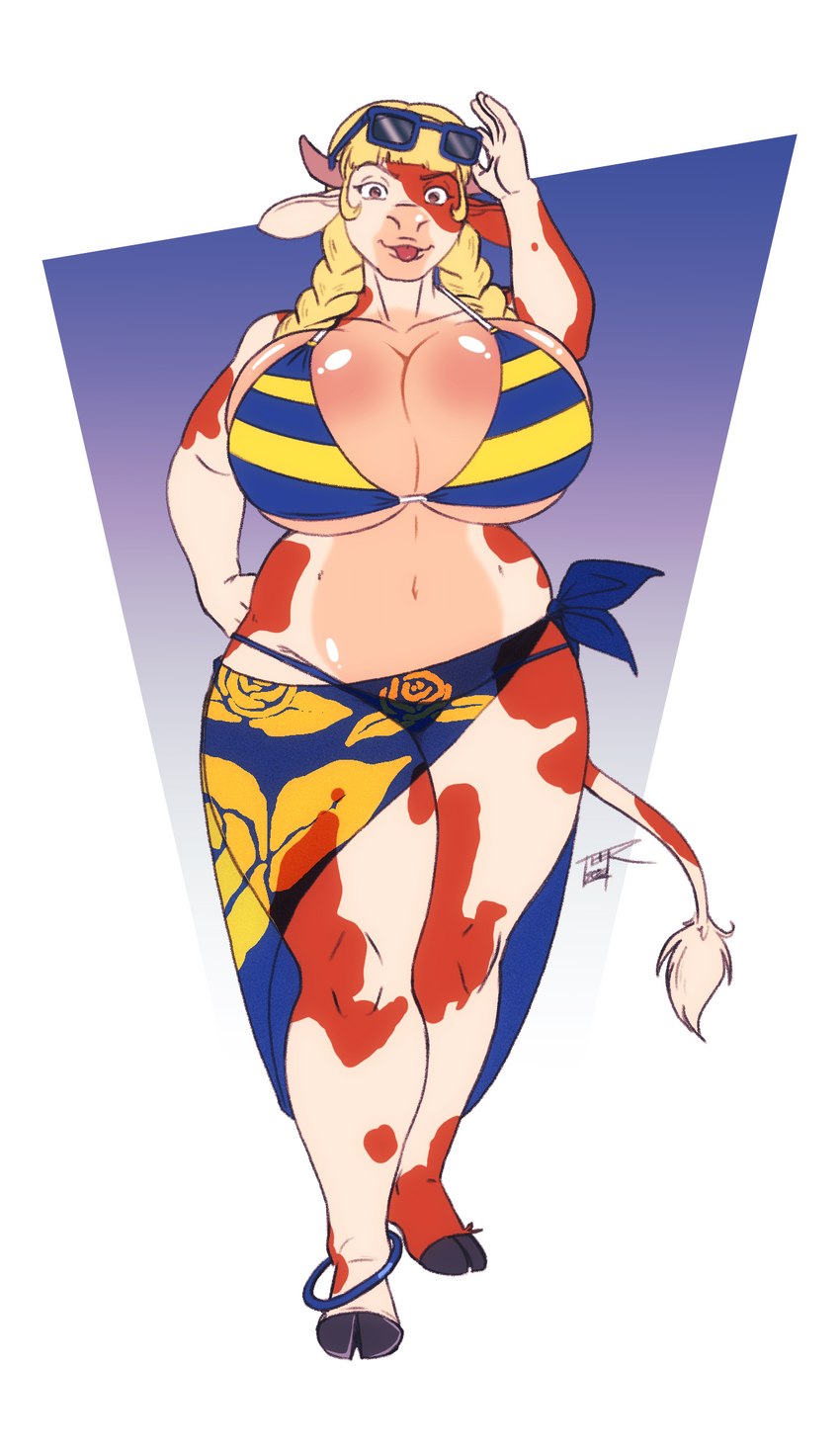 anthro big_breasts bikini breasts clothed clothing eyewear female horn jewelry looking_at_viewer sarong simple_background solo sunglasses swimwear tail two-piece_swimsuit teer elyssa_douglas bovid bovine cattle holstein_friesian_cattle mammal 2020 digital_media_(artwork) hi_res