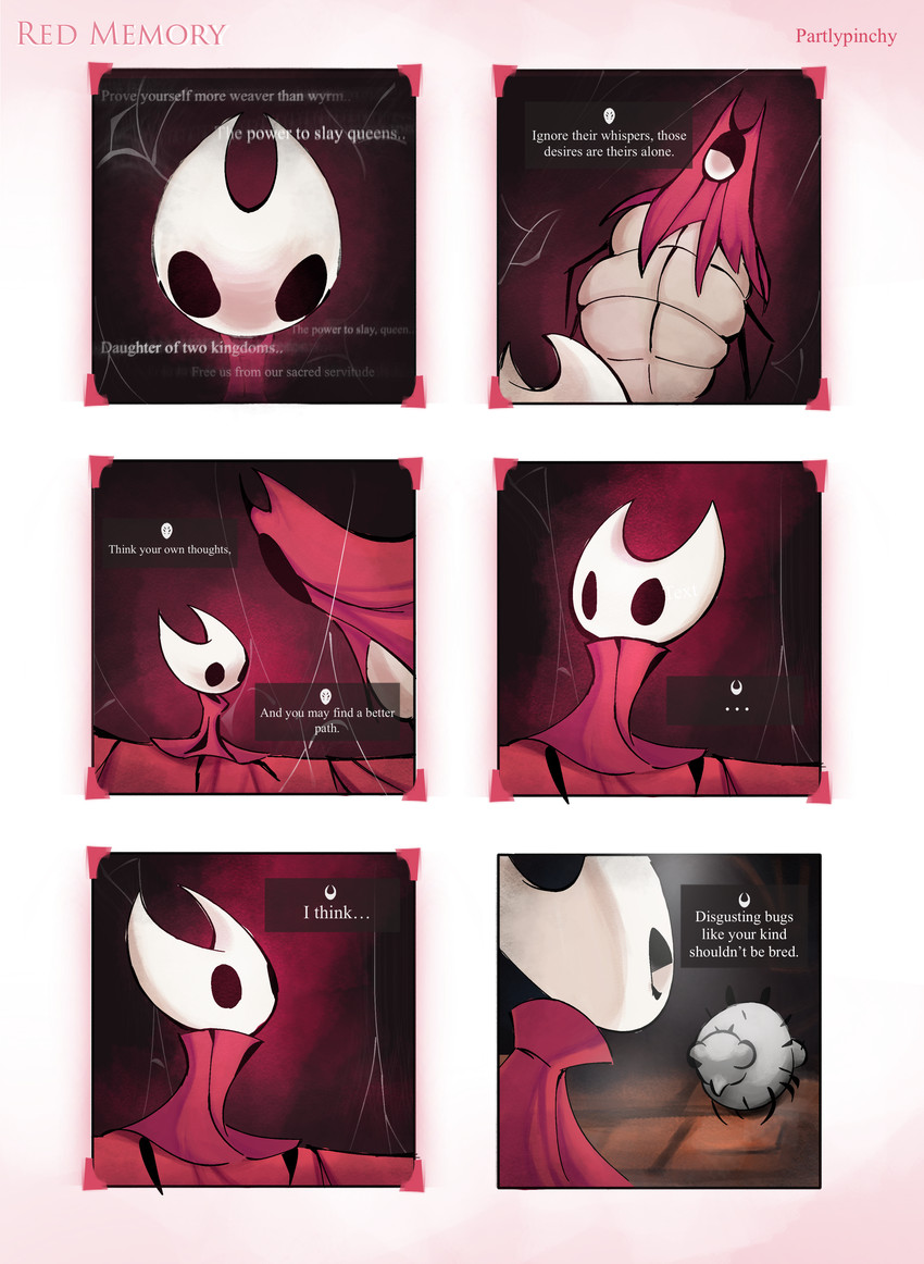 2_horns 6_panel_comic ambiguous_gender anthro black_eyes black_legs cloak clothing dialogue ellipsis empty_eyes feral group hood horn looking_at_another racism red_cloak red_clothing sitting talking_to_another text text_box thread trio white_text partlypinchy hollow_knight:_silksong hollow_knight_(franchise) team_cherry herrah_(hollow_knight) hornet_(hollow_knight) arthropod 2025 absurd_res comic english_text hi_res daughter_(lore) female_(lore) mother_(lore) mother_and_child_(lore) mother_and_daughter_(lore) parent_(lore) parent_and_child_(lore) parent_and_daughter_(lore)
