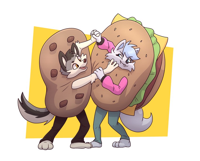 anthro burger burger_costume candy cheeseburger_costume chocolate chocolate_chip_cookie chocolate_chip_cookie_costume chocolate_chips clothing cookie cookie_costume costume dessert duo female food food_costume male deadyoung7 jan_(kigtoons) sundae_(kigtoons) canid canine canis fox mammal wolf absurd_res hi_res