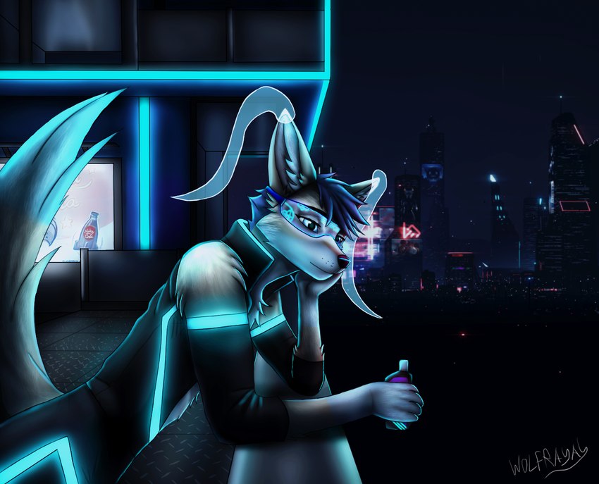 ambiguous_gender anthro arm_support biped city cityscape clothing cyberpunk eyewear futuristic futuristic_city futuristic_clothing futuristic_theme glowing glowing_clothing leaning_on_elbow night science_fiction solo vape visor wolfrayay lloxie_(character) canid canine fox mammal phasefox nonbinary_(lore)