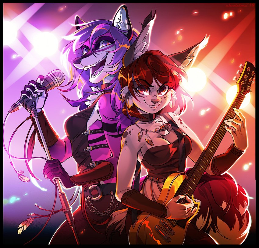 5_fingers anthro black_border border breasts brown_hair clothed clothing duo ear_piercing eyebrows eyelashes female fingers hair open_mouth piercing purple_hair smile teeth tongue chadzime kordi selene_leni canid canine felid feline fox mammal digital_media_(artwork) hi_res