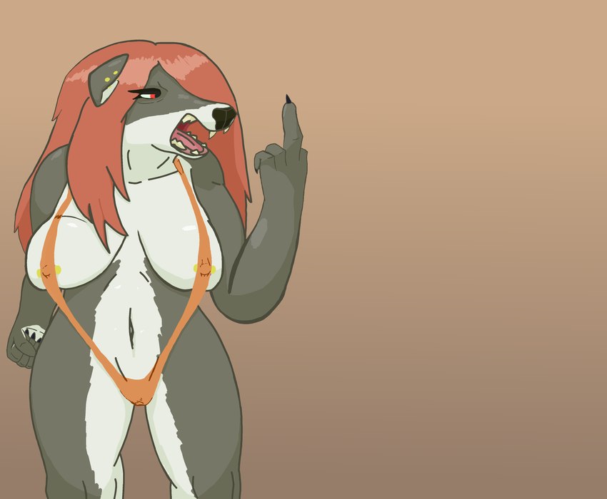 angry anthro breasts clothed clothing ear_piercing female genitals gesture hand_gesture middle_finger nipple_piercing nipples piercing pussy skimpy skimpy_swimwear solo ails canid canine canis mammal wolf absurd_res hi_res