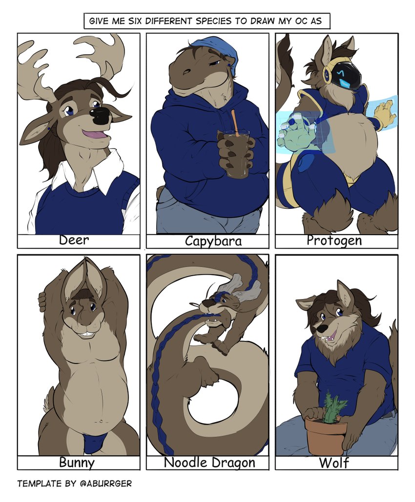 anthro biting_own_tail blue_clothing blue_shirt blue_sweatshirt blue_topwear brown_body brown_fur brown_hair clothing feral fur hair machine male plant plant_pot shirt solo tail tail_in_mouth text topwear pandottermon mythology canid canine canis capybara caviid deer dragon eastern_dragon lagomorph leporid mammal mythological_creature mythological_scalie protogen rabbit rodent scalie wolf collage_(artwork) english_text hi_res