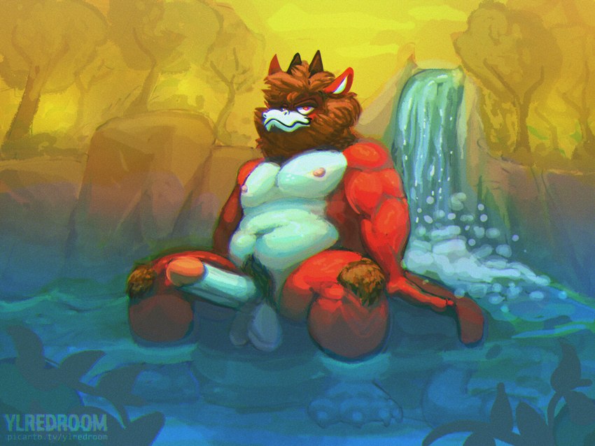 anthro balls belly detailed_background erection feet genitals glans humanoid_genitalia humanoid_penis knee_tuft leg_tuft looking_at_viewer male mane muscular muscular_anthro muscular_male nipples nude pecs penis plant pubes sitting smile smiling_at_viewer solo tail tree tuft water waterfall yersonlloyd ylredroom mythology axel_(lazydergenboi) dragon felid hybrid lion mammal mythological_creature mythological_scalie pantherine scalie 4:3 absurd_res hi_res