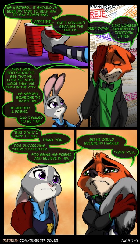 anthro bow_(feature) bow_tie bulletproof_vest clothed clothing container cup dialogue dipstick_ears disposable_cup duo ear_markings female holding_object hug male multicolored_ears paperwork police police_uniform speech_bubble suit text uniform robertfiddler disney zootopia john_wilde judy_hopps canid canine fox lagomorph leporid mammal rabbit red_fox true_fox 2017 comic english_text hi_res url