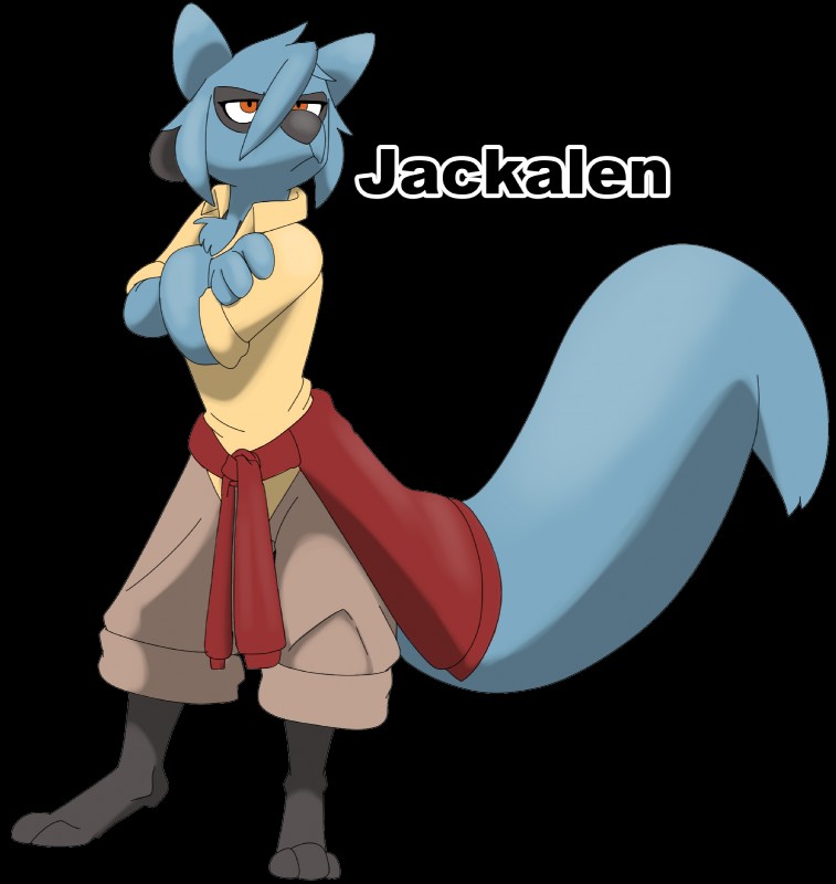 ambiguous_gender anthro black_body black_fur blue_body blue_fur bottomwear chest_tuft clothed clothing clothing_around_waist frown fur orange_eyes pants paws shirt simple_background solo sweater topwear tuft sinful-spector nintendo pokemon fan_character jackalen_irunfis canid canine generation_4_pokemon mammal pokemon_(species) riolu alpha_channel hi_res