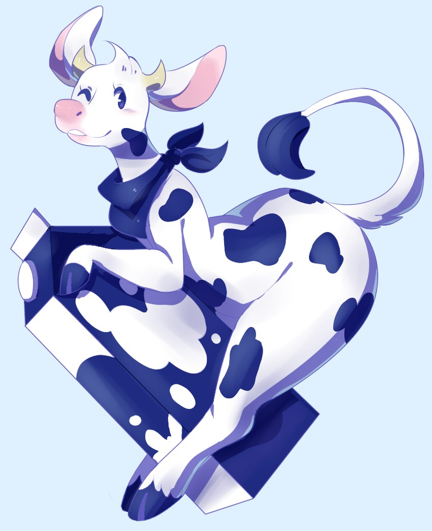 anthro blue_body blue_eyes blue_fur blush female fur horn kerchief kerchief_only looking_at_viewer mascot milk milk_carton mostly_nude neckerchief neckerchief_only neckwear one_eye_closed solo white_body white_fur wink conditional_dnp irootie lactaid lactaid_cow bovid bovine cattle mammal