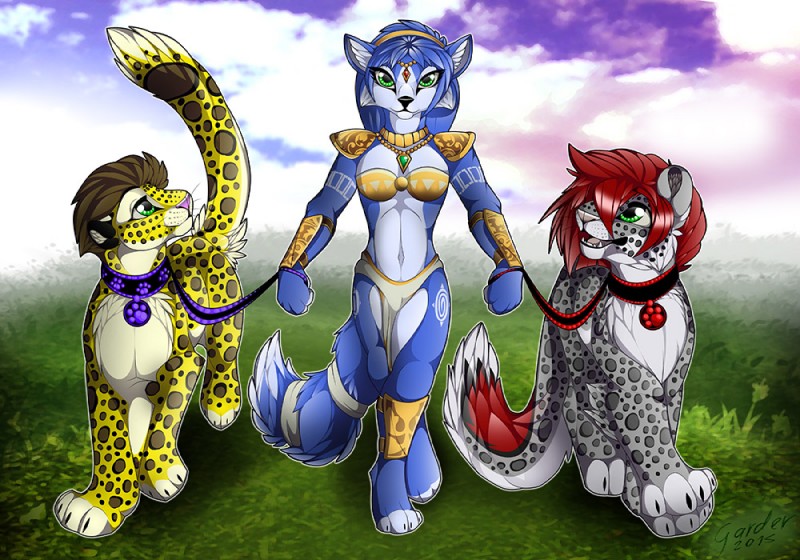 anthro bottomwear brown_hair clothing collar domestic_pet female feral fur furries_with_pets group hair jewelry leash leopard_spots loincloth looking_at_viewer male navel necklace open_mouth outside smile spots standing gard3r nintendo star_fox kiro krystal_(star_fox) yellow_(character) canid canine felid fox leopard mammal pantherine