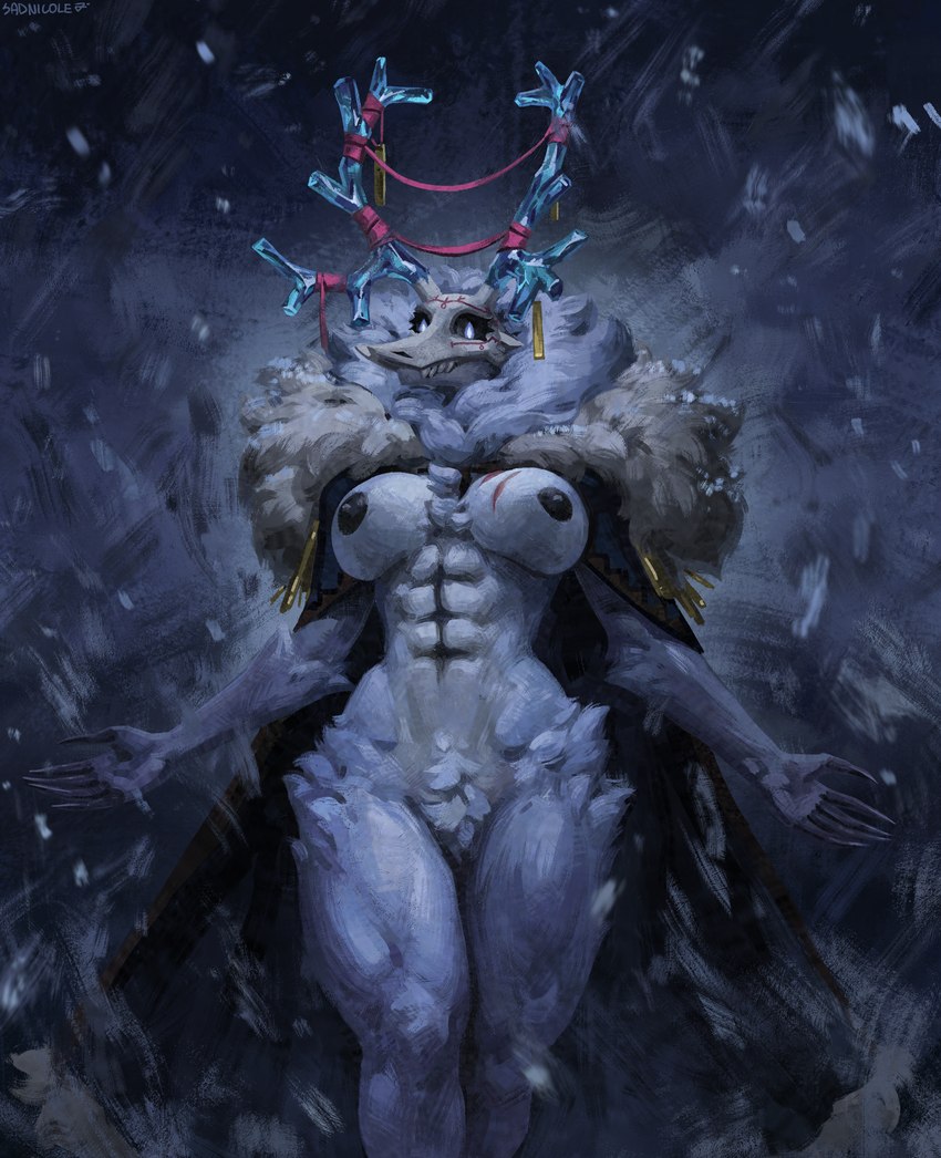 abs anthro antlers athletic athletic_female big_breasts black_nipples black_sclera blizzard_(weather) blue_eyes bone breasts chimes claws cloak cloak_only clothing fangs female fur fur_cloak glowing glowing_eyes gold_(metal) horn looking_at_viewer mane markings mature_female muscular muscular_female muscular_thighs nipples ribbons scar simple_background skull skull_head snow solo spread_arms tall teeth thick_thighs white_body white_fur sadnicole american_mythology indigenous_north_american_mythology mythology north_american_mythology jylha deer hybrid mammal new_world_deer reindeer wendigo absurd_res digital_drawing_(artwork) digital_media_(artwork) hi_res shaded