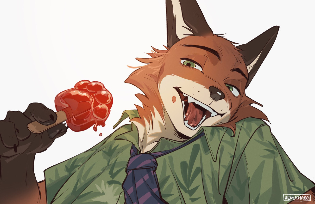 anthro black_claws black_eyebrows blue_necktie brown_ears brown_markings brown_nose cheek_tuft claws clothed clothed_anthro clothed_male clothing countershade_face countershade_neck countershading eyebrows facial_tuft food front_view fur fur_tuft gloves_(marking) green_clothing green_dress_shirt green_eyes green_shirt green_topwear logo looking_at_viewer male male_anthro markings neck_tuft necktie open_mouth orange_body orange_fur orange_tuft pattern_necktie pawpsicle pointy_ears popsicle popsicle_melting prick_ears pupils red_tongue shirt simple_background snout solo striped_necktie teeth tongue topwear tuft white_background white_body white_countershading white_fur white_inner_ear hemuchang disney zootopia nick_wilde canid canine fox mammal red_fox true_fox 2025 artist_logo bust_portrait colored hi_res portrait shaded