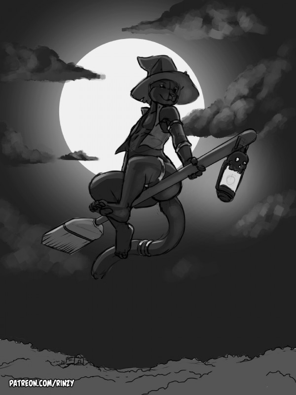 anthro broom broom_riding butt cleaning_tool cloud male moon sky solo text rinzy 2019 3:4 hi_res monochrome signature sketch url