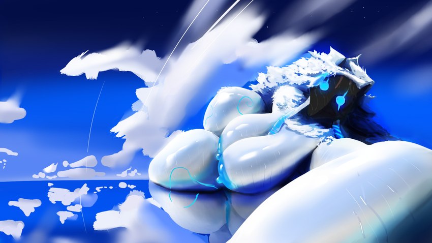 anthro biceps big_breasts blue_eyes breasts female fur hair intersex intersex/female looking_at_viewer lying mask muscular muscular_female nipples nude on_side perspective_shot reflection sea shimmering sky skyscape solo thick_thighs water wet white_body white_fur kindredeer league_of_legends riot_games tencent kindred_(lol) lamb_(lol) bovid caprine humanoid mammal sheep 16:9 digital_media_(artwork) hi_res widescreen