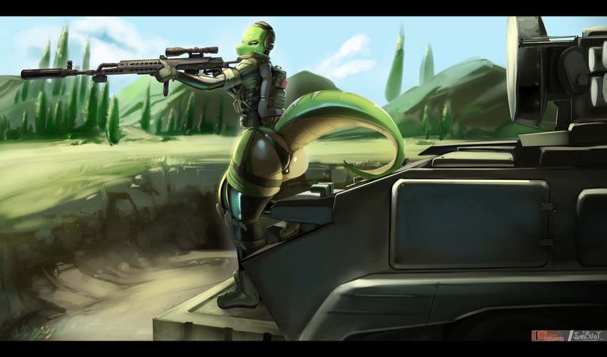 aiming anthro armor armwear bald big_butt black_bars boots bottomless bulge bulletproof_vest butt clothed clothing detailed_background electronics femboy footwear green_body grin gun headphones holding_gun holding_object holding_ranged_weapon holding_weapon knee_guards latex legwear male military mountain multicolored_body outside panties plant ranged_weapon red_eyes rifle shoes skimpy smile sniper_rifle solo standing tank thick_thighs thigh_highs tree two_tone_body unconvincing_armor underwear vehicle weapon wide_hips yellow_body junibuoy reptile scalie snake 2021 absurd_res detailed digital_media_(artwork) full-length_portrait hi_res letterbox portrait