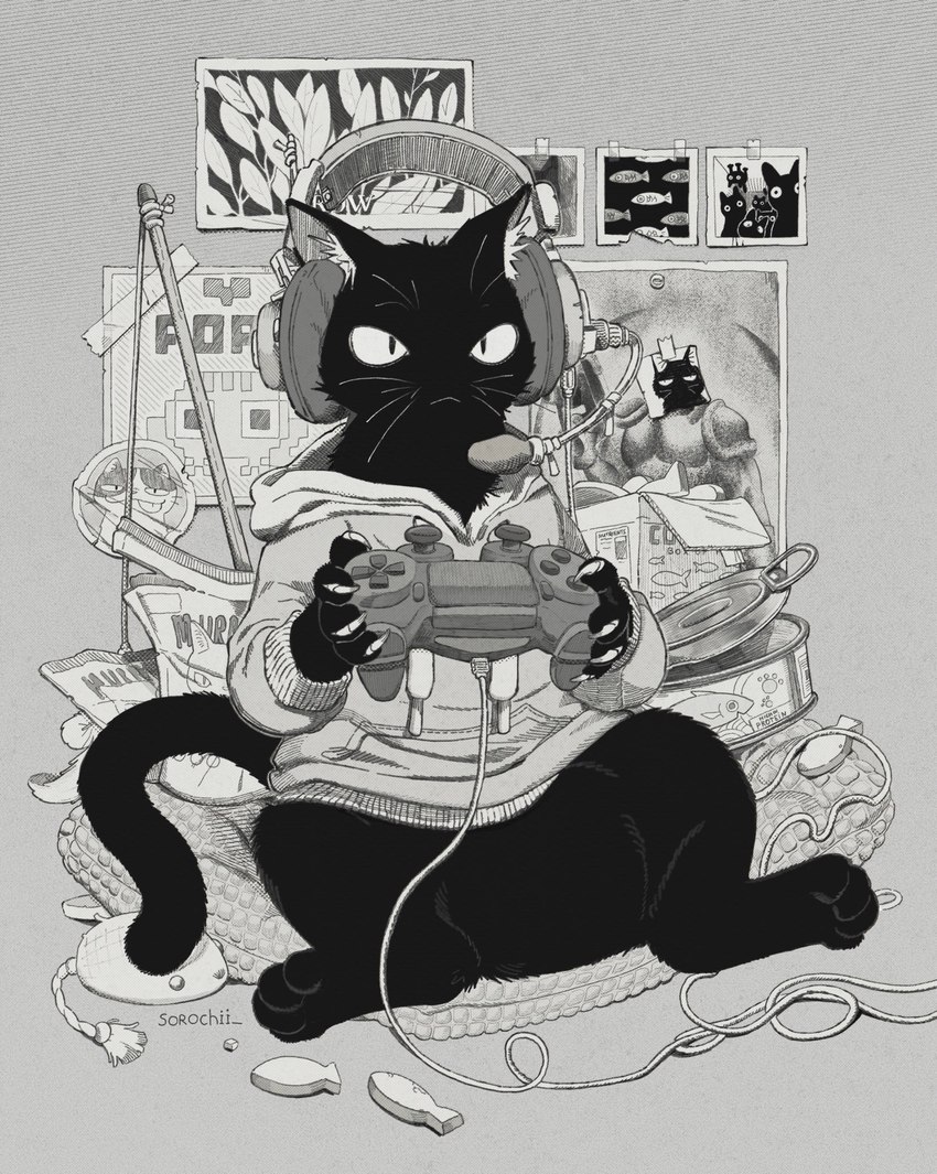 ambiguous_gender anthro controller electronics game_controller gaming headphones playing_video_game poster_(object) solo sorochii domestic_cat felid feline felis mammal hi_res monochrome