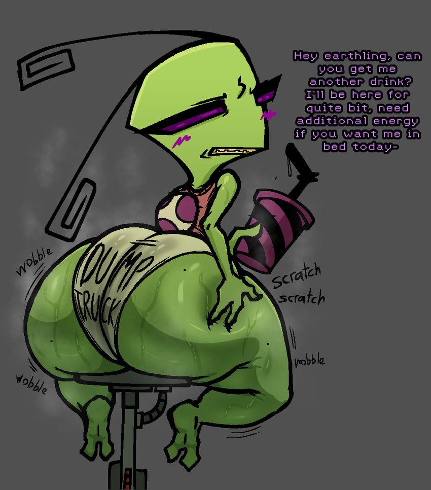 antennae_(anatomy) beverage big_butt blush bodily_fluids bottomwear butt clothed clothing container cup female green_body green_skin hotpants huge_butt looking_at_viewer looking_back looking_pleasured not_furry onomatopoeia purple_eyes scratching scratching_butt shorts simple_background solo sound_effects sweat sweaty_butt text thick_thighs topwear nanodude78 invader_zim nickelodeon tak_(invader_zim) alien alien_humanoid humanoid irken digital_media_(artwork) english_text hi_res