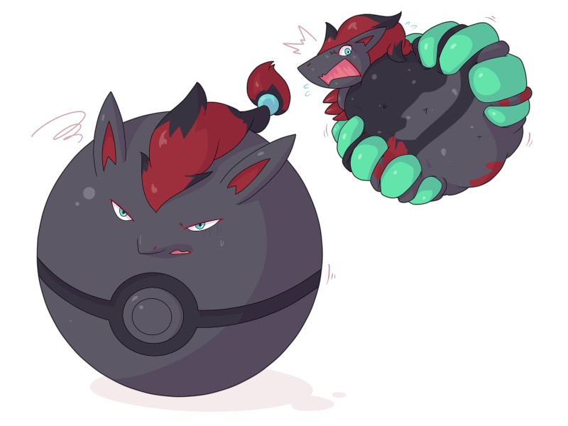 blue_eyes bodily_fluids disembodied_hand duo helpless inanimate_transformation malleable_body open_mouth pokeball spherification sweat transformation dlrowdog nintendo pokemon generation_5_pokemon pokemon_(species) zoroark 2014 4:3 digital_media_(artwork) hi_res