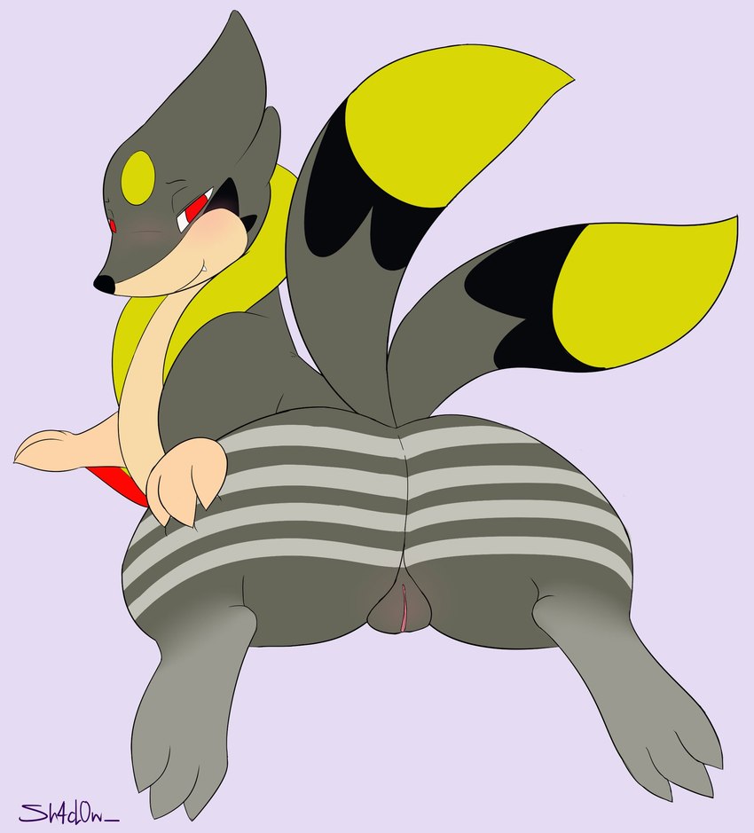 butt female genitals grey_body looking_at_viewer multicolored_body open_mouth pussy rear_view solo sh4d0w_(artist) nintendo pokemon floatzel generation_4_pokemon pokemon_(species) hi_res