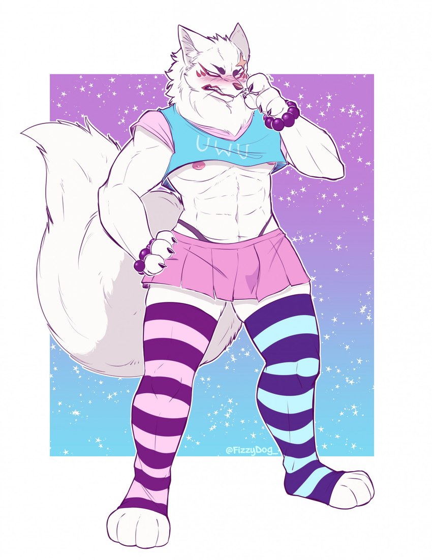 anthro big_tail blush bottomwear clothed clothing crossdressing facial_scar femboy fluffy fluffy_tail fur leg_warmers legwear male muscular muscular_femboy muscular_male scar shirt skirt solo tail thong topwear underwear white_body white_fur fizzy-dog gingitsune gintaro canid canine fox mammal hi_res