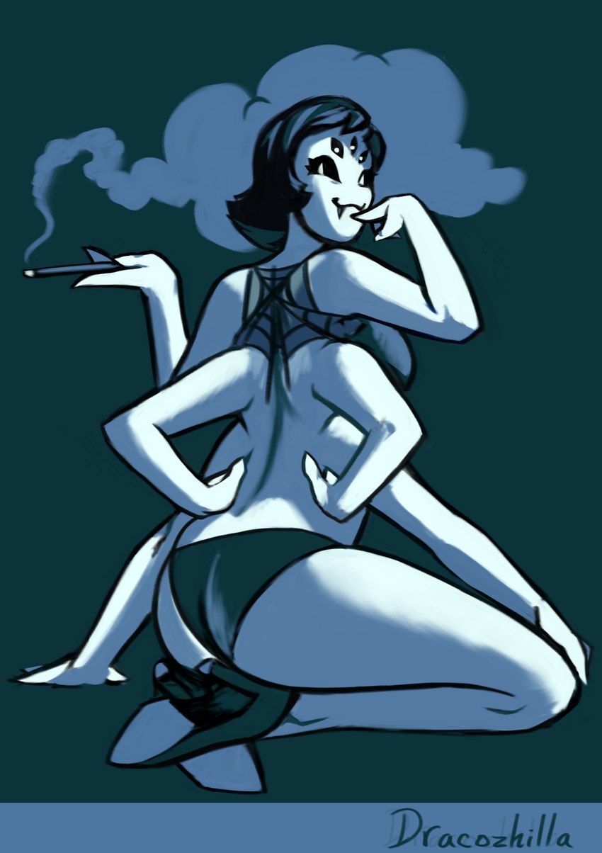 anthro bikini butt butt_focus cigar clothing female footwear hands_on_hips high_heels looking_at_viewer looking_back shoes smoke smug solo swimwear two-piece_swimsuit dracozhilla undertale undertale_(series) muffet arachnid arthropod humanoid spider hi_res