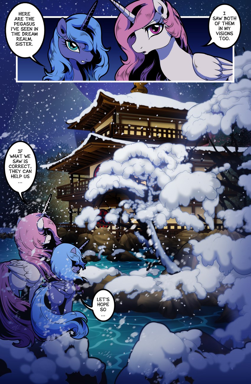 building covered_in_snow dialogue duo ears_up female feral folded_wings horn japanese_architecture looking_at_viewer night one_eye_obstructed open_mouth plant snow snowing snowing_outside snowstorm standing text tree water wings dormin-dim friendship_is_magic hasbro my_little_pony mythology princess_celestia_(mlp) princess_luna_(mlp) equid equine mammal mythological_creature mythological_equine winged_unicorn absurd_res english_text hi_res sibling_(lore) sister_(lore) sisters_(lore)