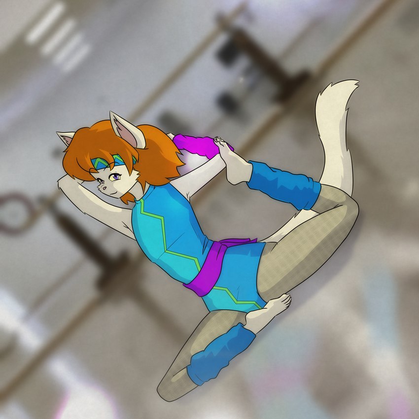 aerobics anthro clothing female flat_chested hair leg_warmers legwear leotard looking_at_viewer solo spandex stretching sweatband tail tight_clothing wrist_warmers kawaoneechan farrah_furcett felid felin mammal 1:1 2023 absurd_res digital_media_(artwork) hi_res