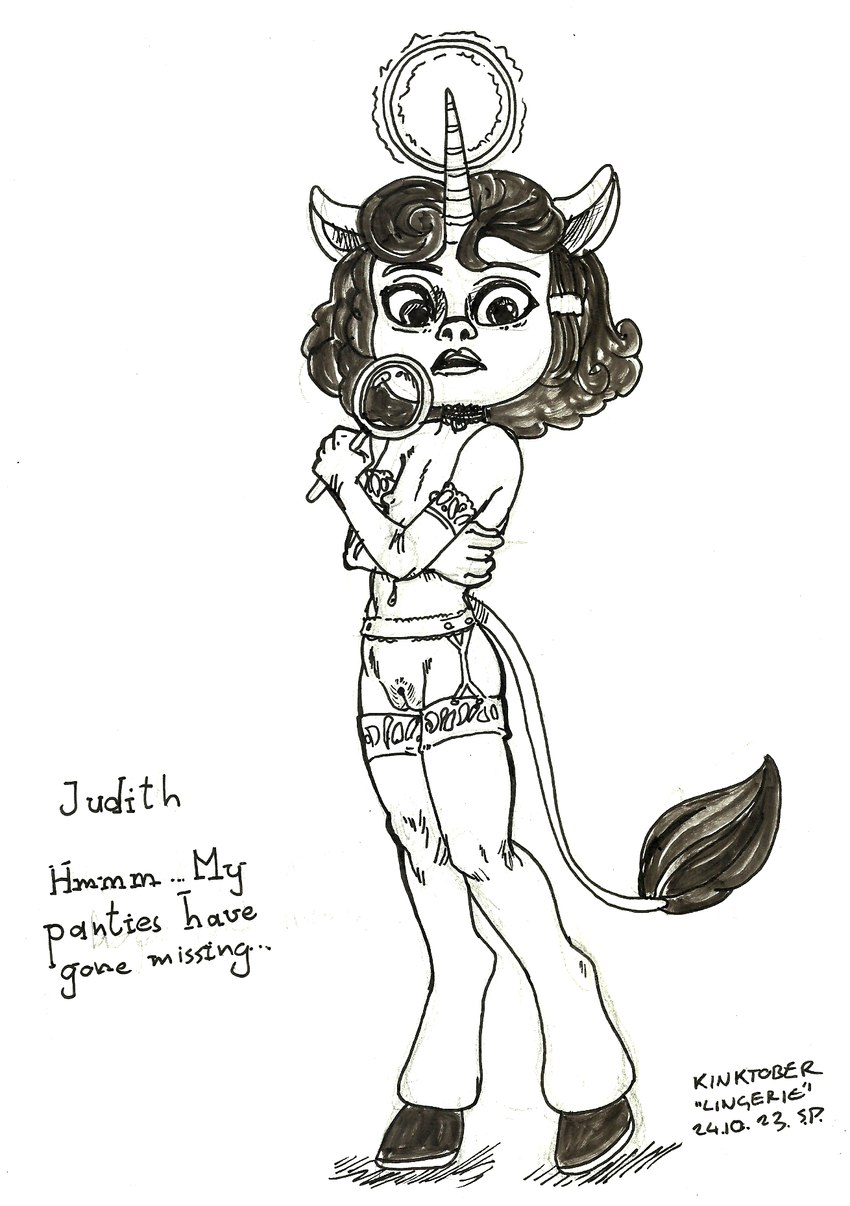 clothing female genitals horn judith_hovern lingerie magnifying_glass noiramore_academy pubes pussy solo text smudge_proof mythology equid equine horned_humanoid humanoid mammal mythological_creature mythological_equine unicorn english_text hi_res sketch