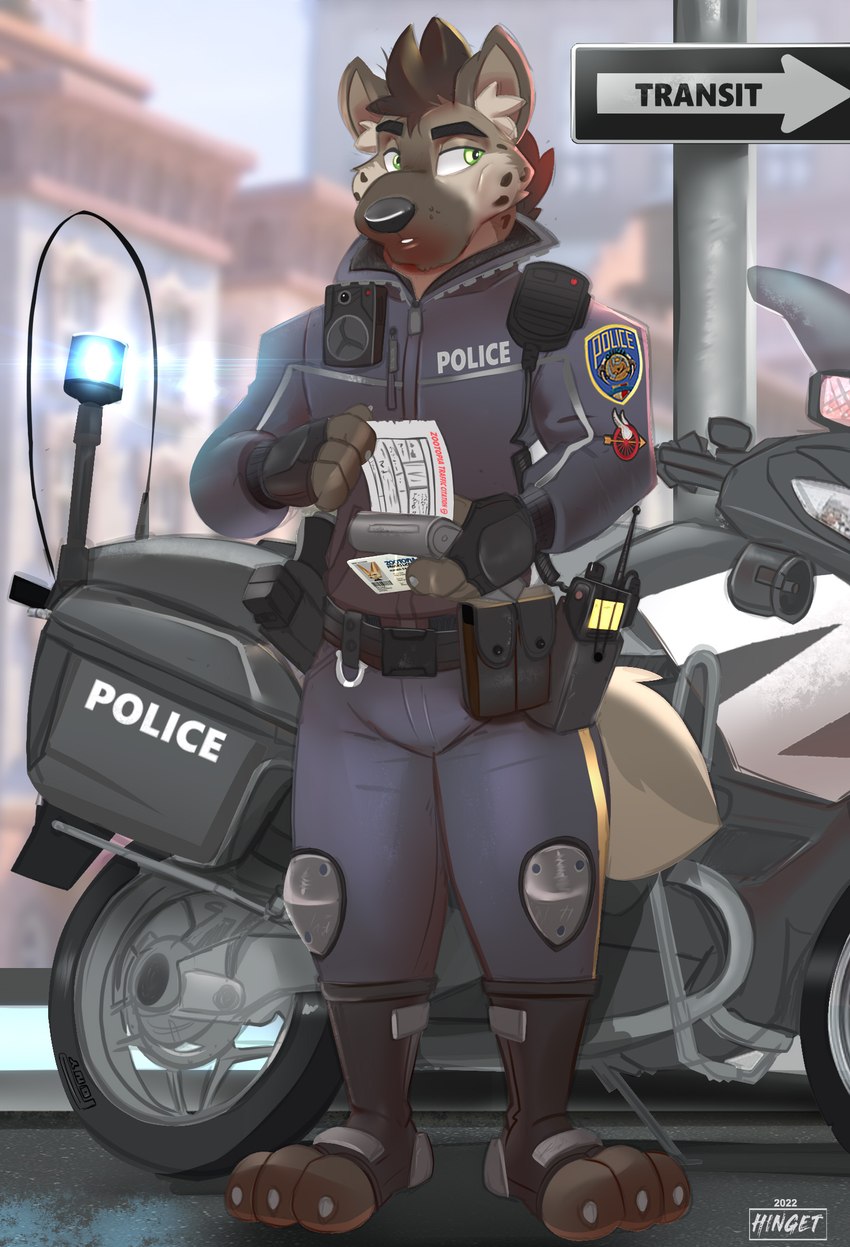 anthro clothing driver's_license law_enforcement male motor_vehicle motorcycle police police_motorcycle police_officer police_uniform police_vehicle solo ticket uniform vehicle zpd hinget disney zootopia lou_waraabe_(grizzlygus) hyena mammal spotted_hyena hi_res