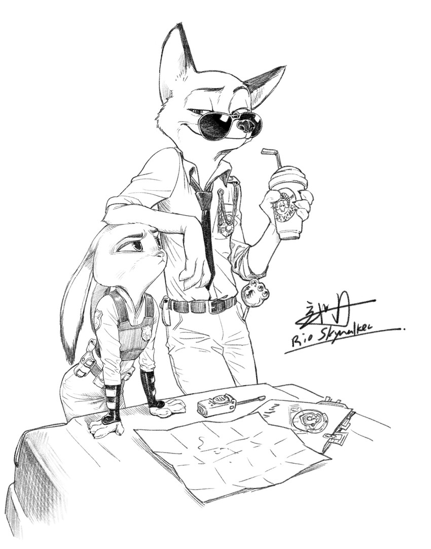 belt bendy_straw bottomwear clothing container cup drinking_straw duo electronics eyewear food fur holding_container holding_cup holding_object necktie pants pawpsicle popsicle shirt simple_background smile sunglasses topwear walkie-talkie white_background rio_skywalker disney zootopia judy_hopps nick_wilde canid canine fox lagomorph leporid mammal rabbit red_fox true_fox 2019 absurd_res hi_res monochrome