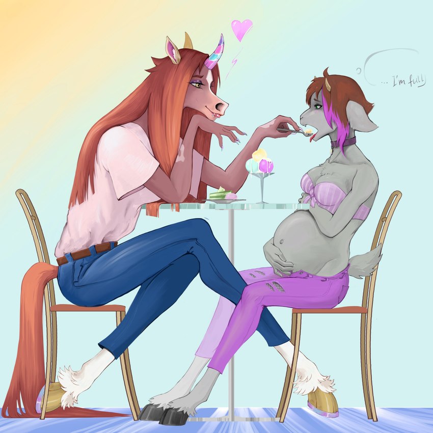 anthro belly big_belly duo eating female female/female food horn vera-ist-44 mythology abigail_(pebcak22) rose_(rosethegoat) bovid caprine equid equine goat mammal mythological_creature mythological_equine unicorn 1:1 hi_res