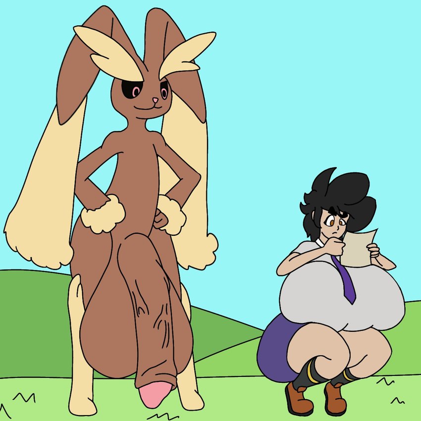 anthro balls big_balls big_breasts big_penis breasts brown_body clothing duo female footwear fur genitals huge_balls huge_breasts huge_penis male male/female necktie penis shirt shoes topwear yellow_body yellow_fur kuge nintendo pokemon piku_(kuge) alpha_pokemon generation_4_pokemon human lopunny mammal pokemon_(species) 1:1 hi_res