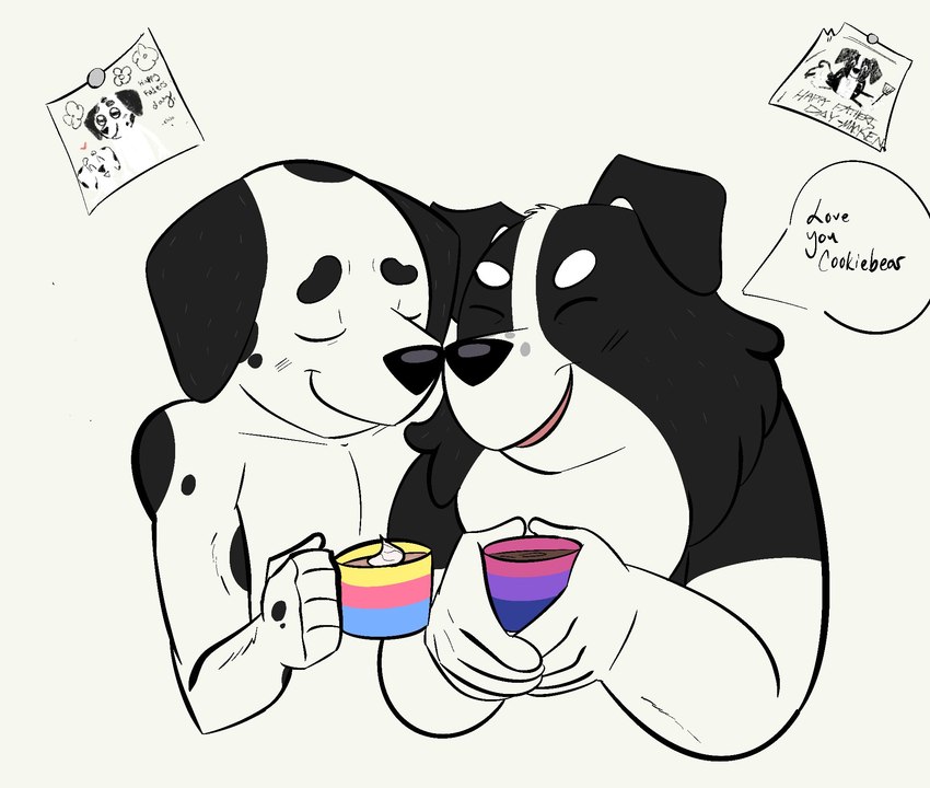 anthro beverage bisexual_pride_colors black_body black_ears black_fur black_nose black_spots container cup drawing drawing_(object) eyes_closed face_to_face female flower fur group happy heart_symbol holding_beverage holding_container holding_cup holding_mug holding_object holidays hot_drink lgbt_pride love love_you male male/male markings mug multicolored_body multicolored_ears multicolored_fur pansexual_pride_colors plant pride_colors smile speech_bubble spots spotted_body spotted_fur text trio two_tone_body two_tone_ears two_tone_fur white_body white_ears white_fur beargarbage bluey_(series) father's_day chloe_(bluey) frank_(bluey) mackenzie's_dad_(bluey) border_collie canid canine canis collie dalmatian domestic_dog herding_dog mammal pastoral_dog sheepdog 2023 digital_media_(artwork) english_text hi_res