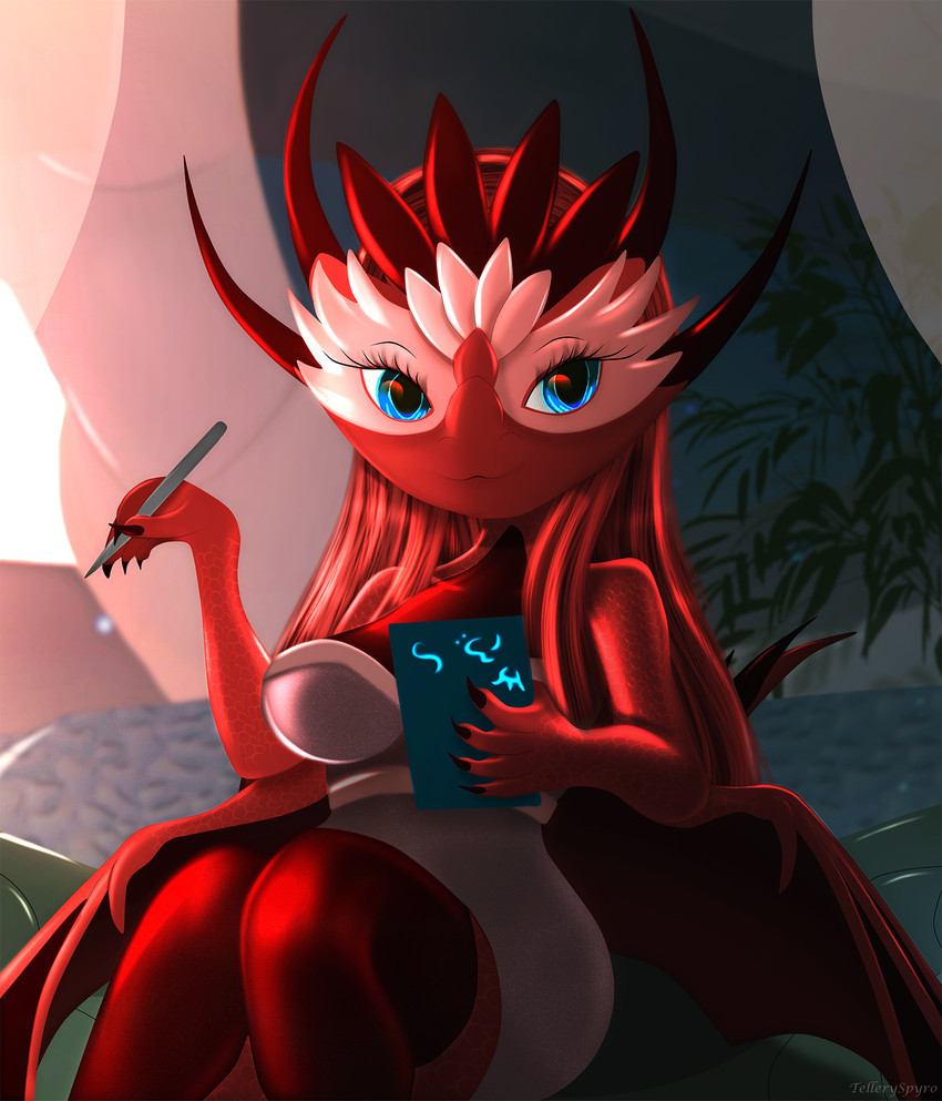 anthro big_breasts blue_eyes breasts clothing detailed_background dress female fingers hair horn kemono legwear looking_at_viewer mask membrane_(anatomy) membranous_wings red_body red_hair scales sitting smile solo stockings wings telleryspyro european_mythology heralds_of_the_avirentes mythology sillitreya_taidei dragon mythological_creature mythological_scalie scalie western_dragon 2026 digital_media_(artwork) hi_res