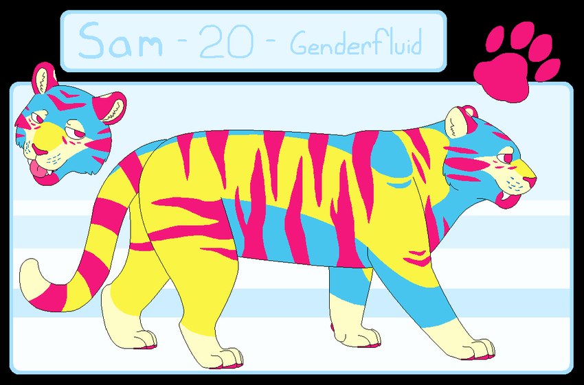 ambiguous_gender blue_background blue_body blue_fur blue_text digitigrade feral footprint fur half-closed_eyes markings narrowed_eyes pawpads pawprint paws pink_body pink_eyes pink_fur pink_nose pink_pawpads pink_stripes ring_(marking) ringed_tail side_view simple_background snout solo sparklefur standing stated_adult stated_age striped_body striped_fur striped_markings striped_tail stripes tail tail_markings text tongue tongue_out whisker_spots white_inner_ear white_markings yellow_body yellow_fur sebdoggo felid mammal pantherine tiger 2016 aliasing alpha_channel character_name digital_drawing_(artwork) digital_media_(artwork) english_text flat_colors handwritten_text microsoft_paint_(artwork) model_sheet nonbinary_(lore)