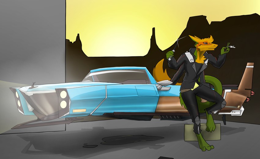 anthro car fur futuristic holding_object holding_weapon hovercar leaning_on_object looking_at_viewer male multi_arm multi_limb multicolored_body multicolored_fur solo vehicle weapon topazknight gemini_the_sergal sergal hi_res